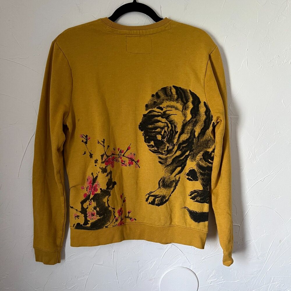 Blind Rooster Cherry Blossom Tiger Graphic Sweatshirt Yellow Fearless Size S